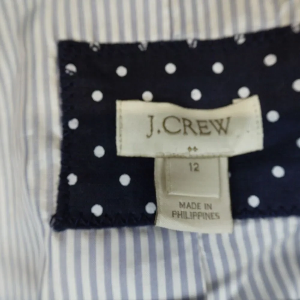 J Crew Schoolboy Blazer Linen Blend Jacket Polka Dots White Navy Women Size 12